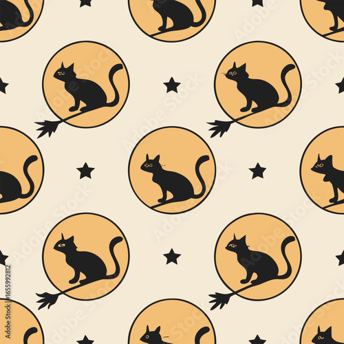 Black cat silhouette on broomstick in orange circle with stars pattern halloween