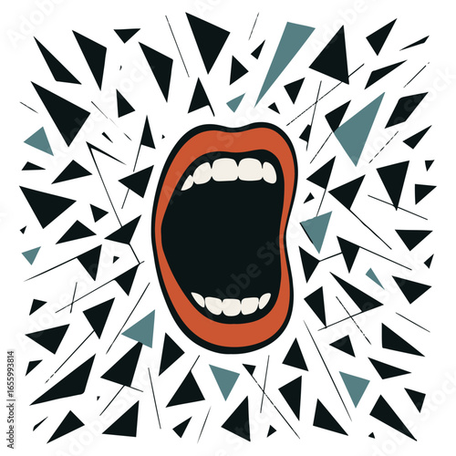 Geometric Abstract Screaming Mouth silhouette, Graphic Expression of Anger, Conceptual Art of Frustration, Modern Design of a Loud Voice.