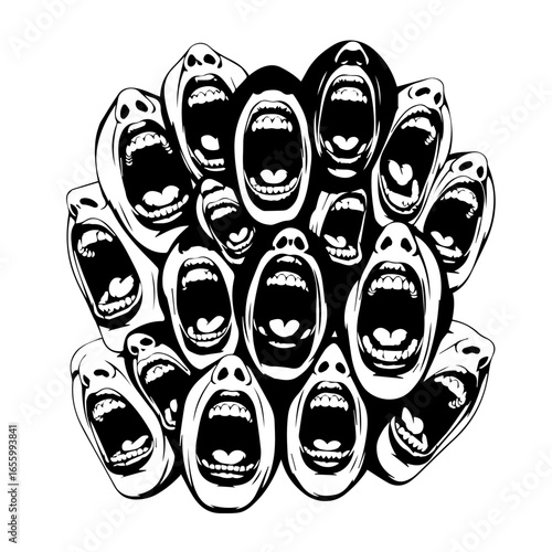 Collage of Screaming Mouths silhouette, Monochrome Psychological Expression, Abstract Graphic of Inner Turmoil, Collective Anguish and Emotional Stress.