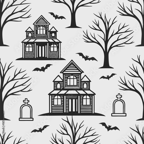 Black silhouette haunted houses bare trees bats and tombstones seamless pattern halloween