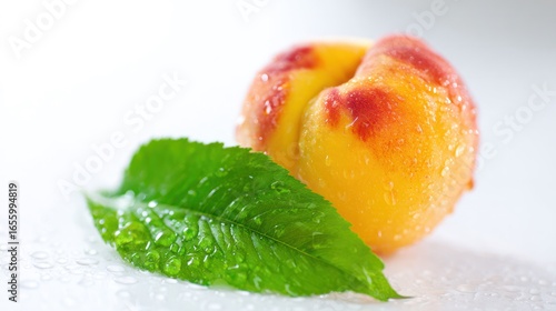 Juicy peach with fresh green leaf on white background, water droplets adding freshness.