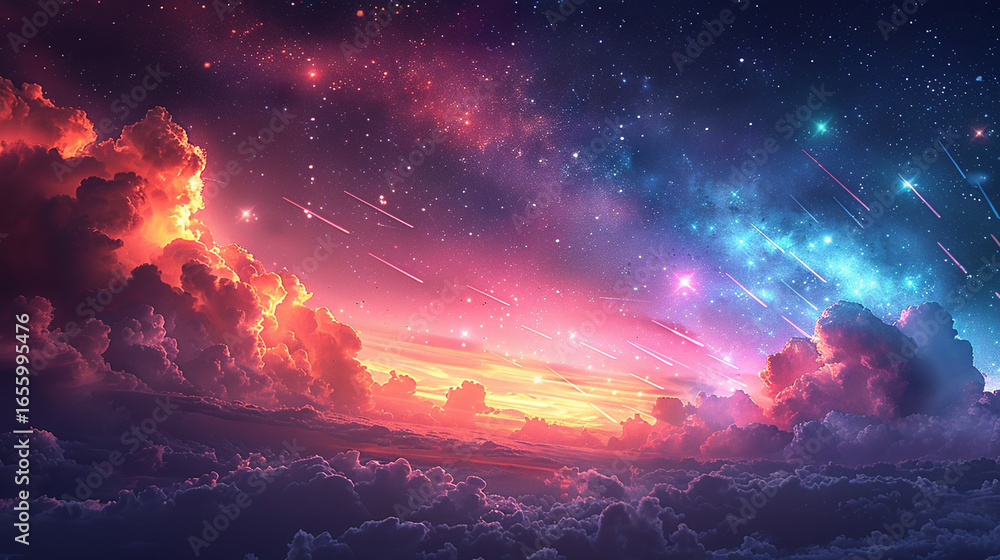 Fototapeta premium Colorful celestial cloudscape with shooting stars.