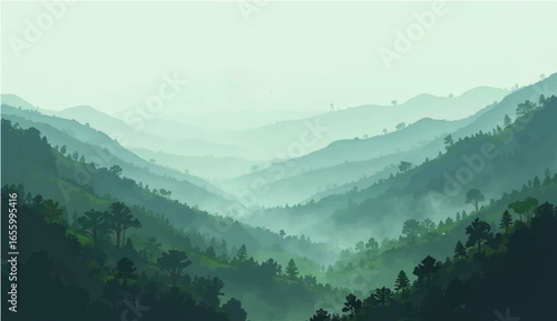 Morning mountain landscape with fog and scenic valley view