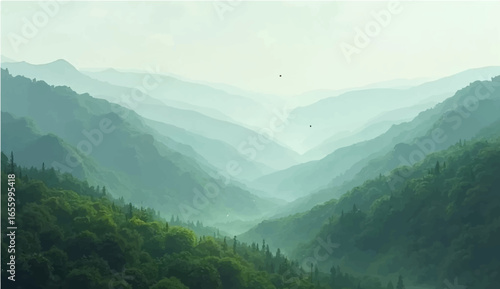 Morning mountain landscape with fog and scenic valley view