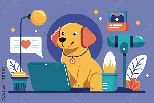 Adorable dog working on laptop in vibrant home office setup—perfect for themes of remote work, creative lifestyle, and cozy pet-friendly environments.