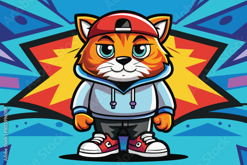 Cartoon illustration of a cool orange cat wearing stylish hip-hop clothing against an energetic and colorful backdrop, emanating a lively and vibrant urban street art vibe.