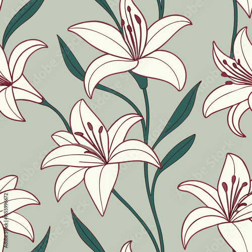 Cream lily flowers with green leaves on a pale green background floral pattern