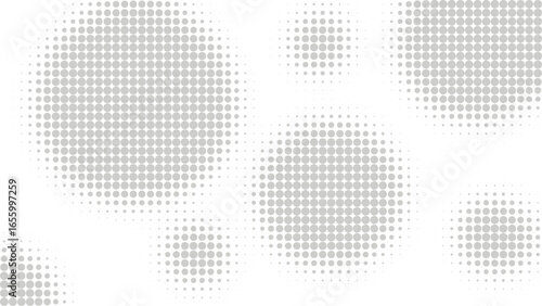 Overlay effect with circles in halftone style. Abstract template with gray circles. Universal horizontal splash screen, vector graphics