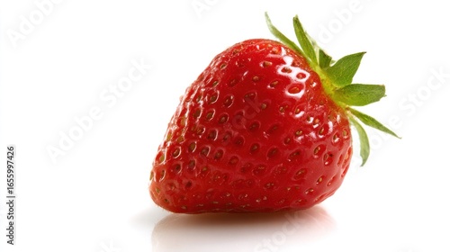 A ripe strawberry sits isolated on a pure white background, showcasing its vibrant color and freshness.