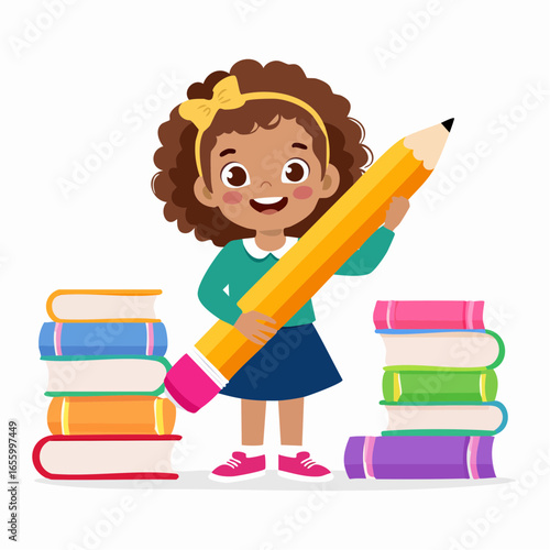 Young Scholar's Journey: An illustration of a cheerful girl holding a large pencil and standing before a stack of colorful books, embodying the essence of learning.