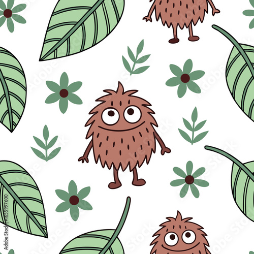 Cute brown fuzzy monster with big eyes surrounded by green leaves and flowers vector
