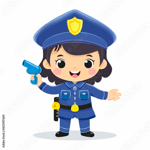 Cute Policewoman: A charming cartoon policewoman smiles cheerfully, holding a toy gun, dressed in a blue uniform.