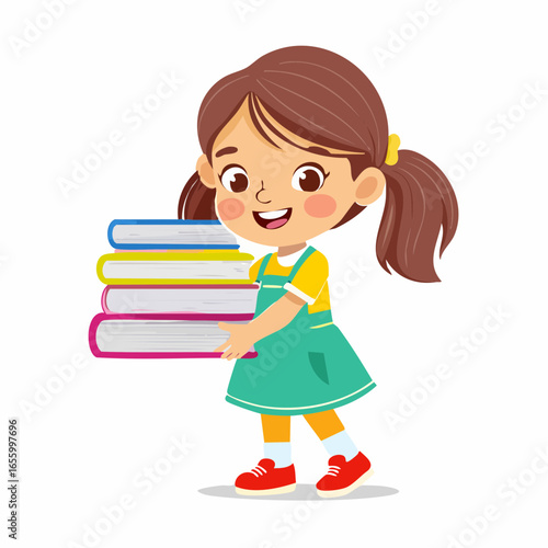 Bookworm's Journey: A smiling girl cheerfully carries a stack of colorful books, embodying the joy of learning and the excitement of reading.