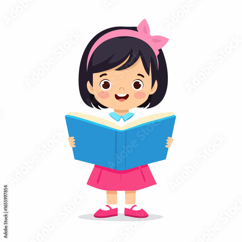 Enchanting Young Reader: A cheerful girl, absorbed in a large blue book, radiating the joy of discovery. A classic illustration that perfectly captures the spirit of learning and literacy.