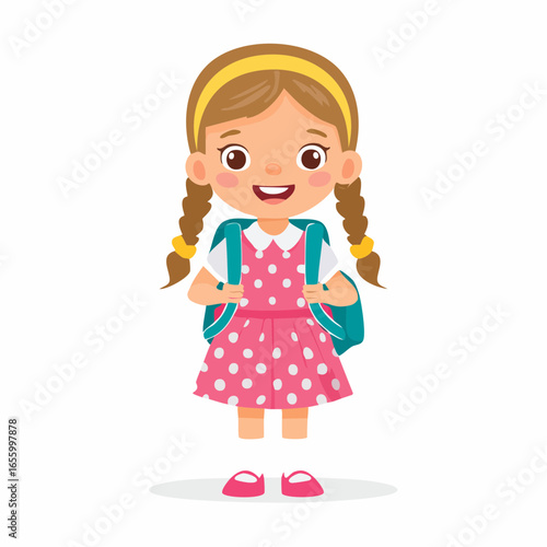 Backpack-Ready for Learning: A cheerful girl, radiating innocence and excitement, stands ready to embrace knowledge. Her cute pink dress adorned with polka dots, complements her matching footwear.