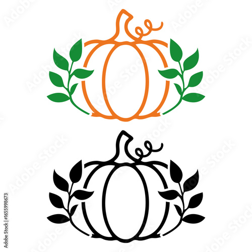 Grupo de calabazas con líneas y ramas con hojas. Logo para felicitaciones y tarjetas del Día de Acción de Gracias 