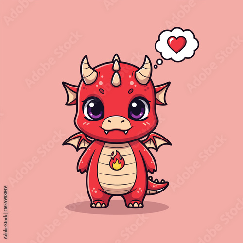 Cute cartoon purple dragon holding a red heart perfect for childrens books or other kid friendly content with a focus on friendship and love