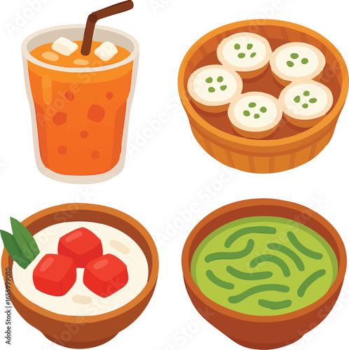 Thai Dessert and Drink Vector Set – Thai Iced Tea, Khanom Krok, Tub Tim Grob, Lod Chong