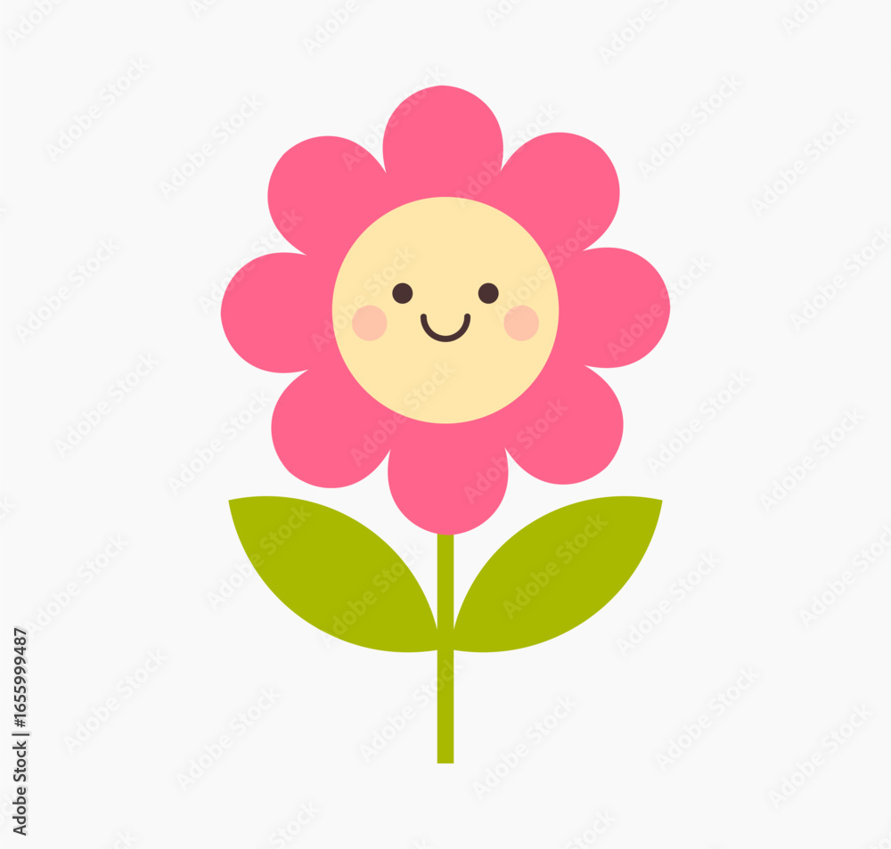 Fototapeta premium Cute smiling flower icon. Simple flower flat design element. Vector illustration.