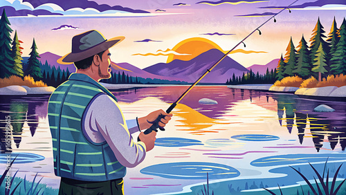 A peaceful fisherman holding a fishing rod at sunset on a calm lake, reflecting golden skies, symbolizing relaxation, solitude, and harmony with nature