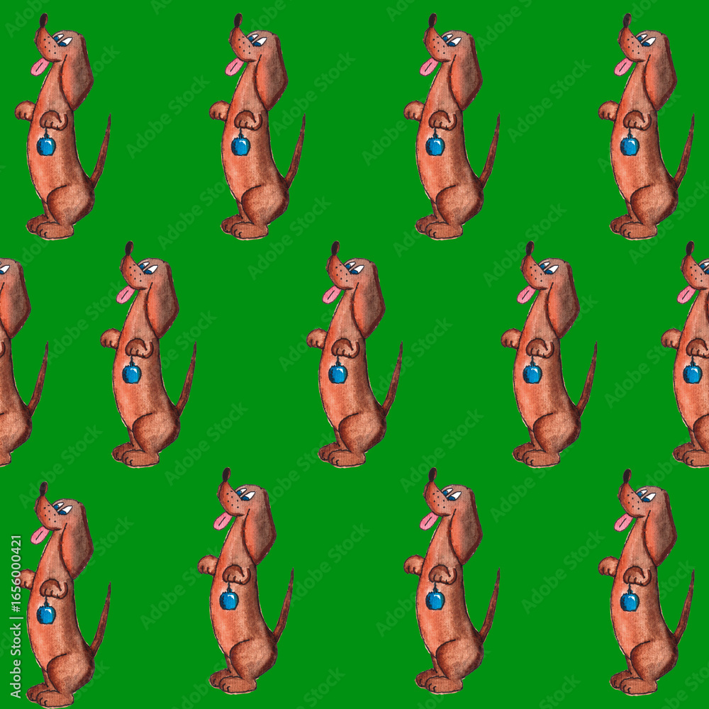 Naklejka premium seamless pattern of hand drawn dachshund holding blue christmas tree bauble on green background, watercolor illustration