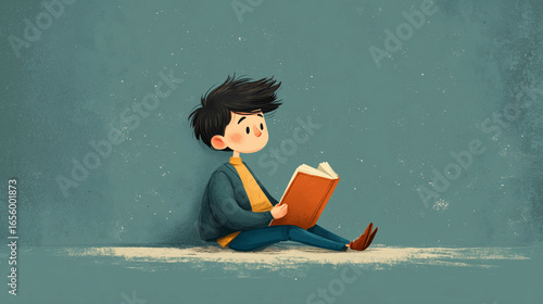 Animated cartoon sitting while reading with a blue background