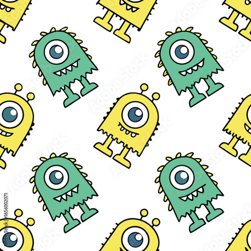 Cute cartoon monsters pattern green and yellow friendly creatures illustration
