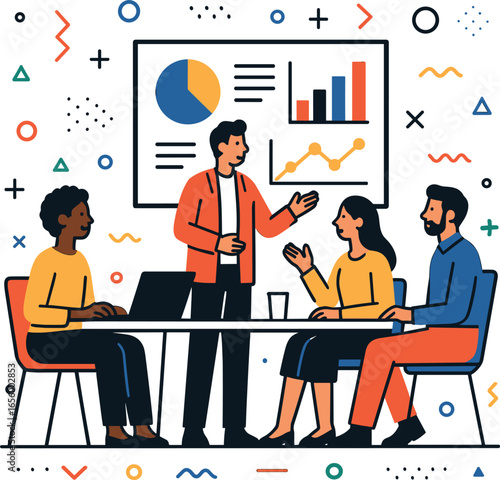 Flat vector illustration of a diverse team in a modern office meeting, discussing charts on a big screen, minimal corporate memphis style on white background