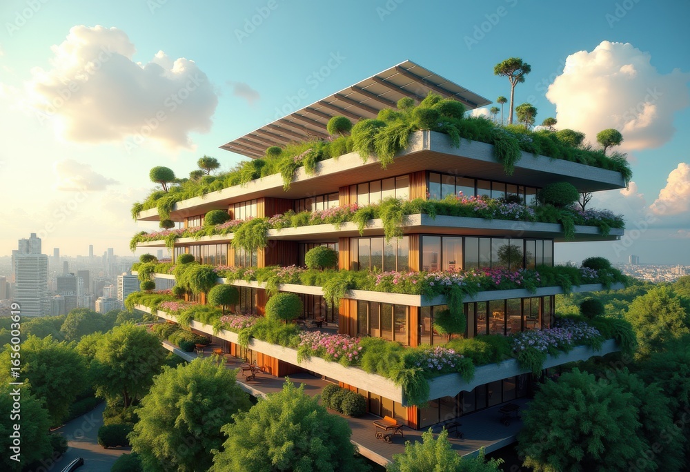 Fototapeta premium solar panels eco friendly building rooftop sustainable design green energy future life, architecture, sustainability, environment, technology, renewable