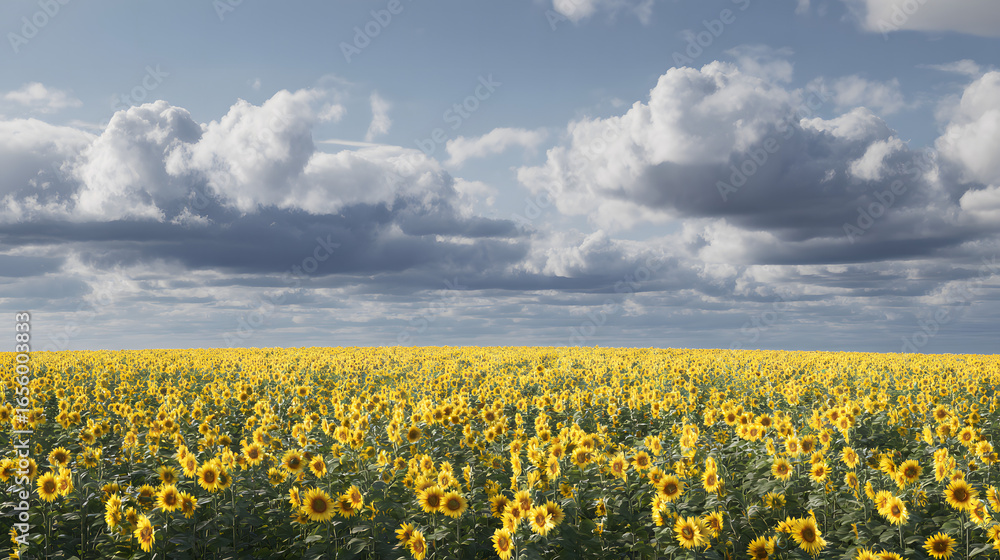 Fototapeta premium Endless sunflower field under a dramatic sky filled with clouds, showcasing nature's beauty and the cycle of life in agriculture.