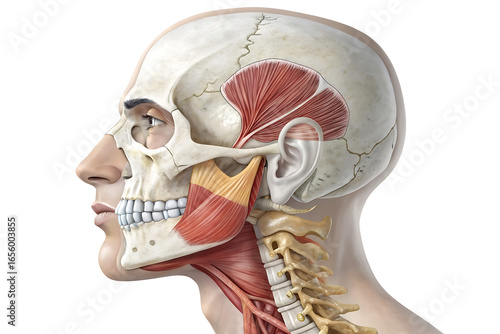 Anatomical illustration of human head with skull, muscles, and neck bones in profile view created with generated ai