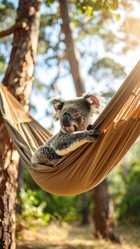 Relaxed koala in a hammock amidst trees