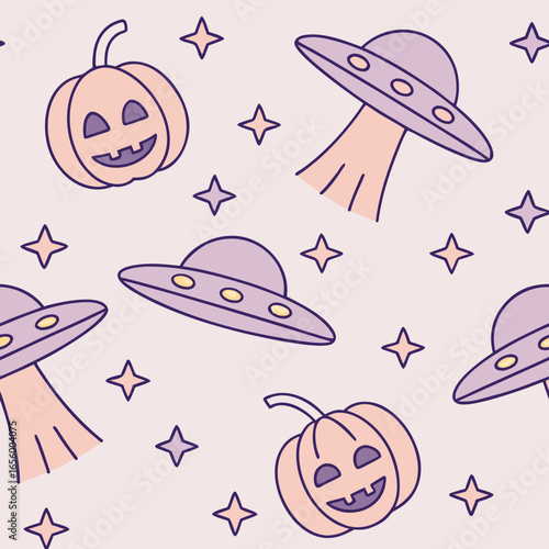 Cute cartoon U F Os and jack o lantern pumpkins with stars pattern halloween alien