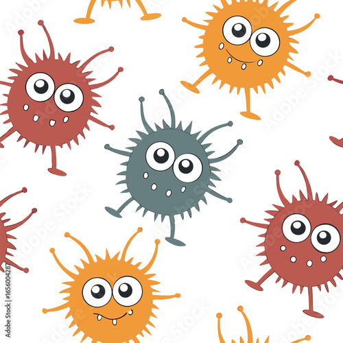 Cute cartoon virus characters in red orange and blue on white background germ bacteria