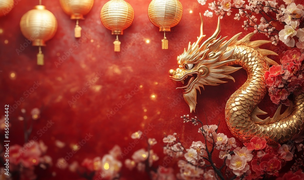 Fototapeta premium Lunar New Year celebration, depicting a golden dragon surrounded by flowers and lanterns, capturing the Year of the Dragon in a vibrant red setting, Generative AI