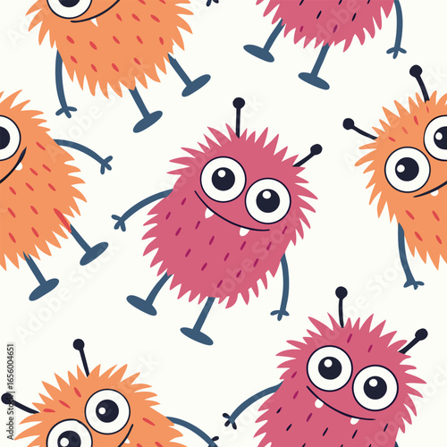Cute fuzzy monsters with big eyes and antennae in pink and orange cartoon character