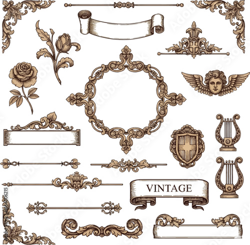 A beautiful vintage vector illustration set features an ornate floral swirl and calligraphic decorative flourish elements, perfect for a retro invitation or card design