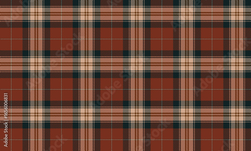 Seamless plaid pattern in reddish brown, navy blue, and beige. Classic design for clothing, skirts, pants, dresses, shirts, or textiles that require a simple yet unique look.