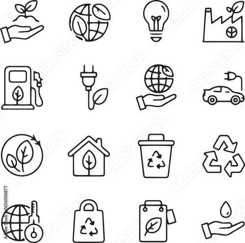 Sixteen simple black line icons represent environmental sustainability topics on white background, each offering unique cues