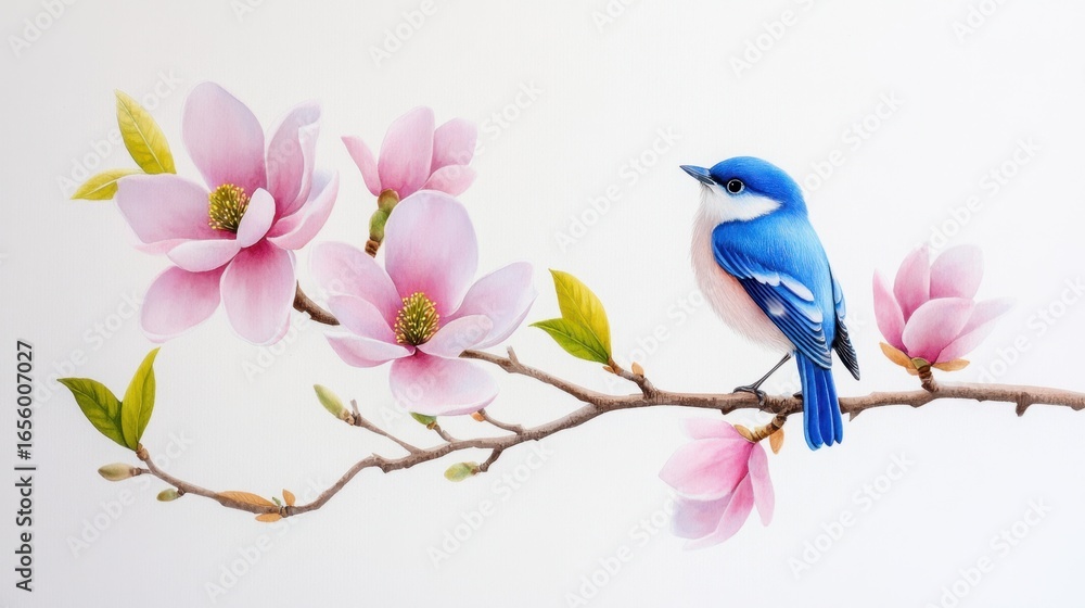 Obraz premium Blooming magnolia tree with perched blue bird, romantic watercolor art