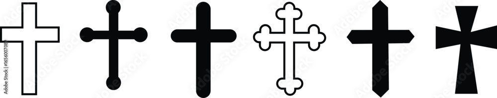 Obraz premium Christian cross silhouette icon set – filled style religious symbols for faith and spirituality: celtic cross, crucifix, inri, thorn crown, ornate cross, plain cross, broken cross, radiant cross