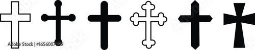 Christian cross silhouette icon set – filled style religious symbols for faith and spirituality: celtic cross, crucifix, inri, thorn crown, ornate cross, plain cross, broken cross, radiant cross
