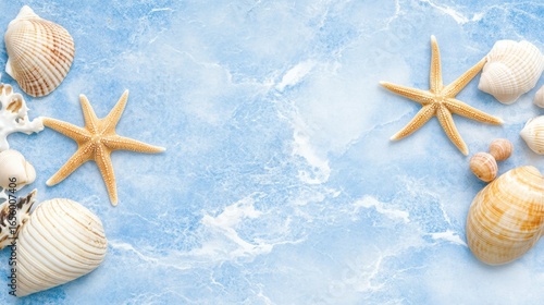 Blue-beige watercolor background with starfish and shells in seamless tropical ocean theme