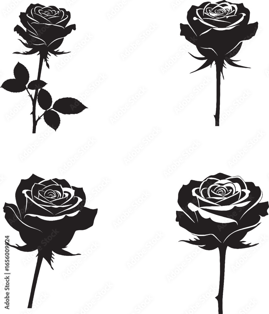 custom made wallpaper toronto digitalStylized Rose Silhouettes in Varied Bloom Stages – Black Botanical Vector Set