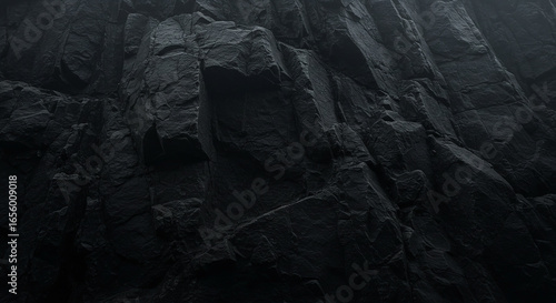 A close-up view of a dark, textured rock face, showing intricate cracks and shadows.