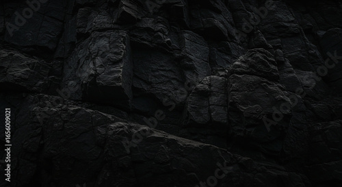 Close-up of a dark, textured rock face with shadows and varying shades of gray, creating a rugged and natural pattern.