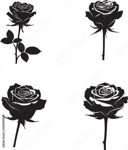 Wallpaper Mural Stylized Rose Silhouettes in Varied Bloom Stages – Black Botanical Vector Set Torontodigital.ca