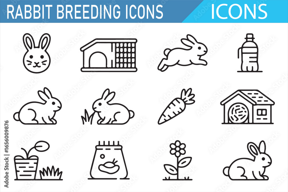 Fototapeta premium Simple Line Art Icons Representing Rabbit Breeding, Food, and Cages