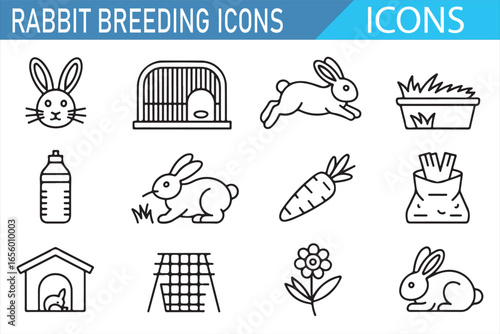 Set of Rabbit Breeding Icons Representing Animals, Cages, and Food