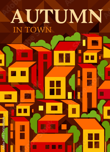 Autumn town with foreat. Vector illustration. Colorful poster.
